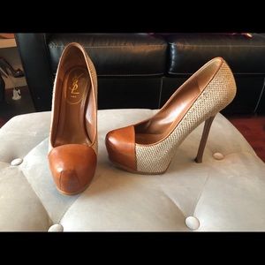YSL Caramel Brown Tribtoo Leather and Tweed Pumps